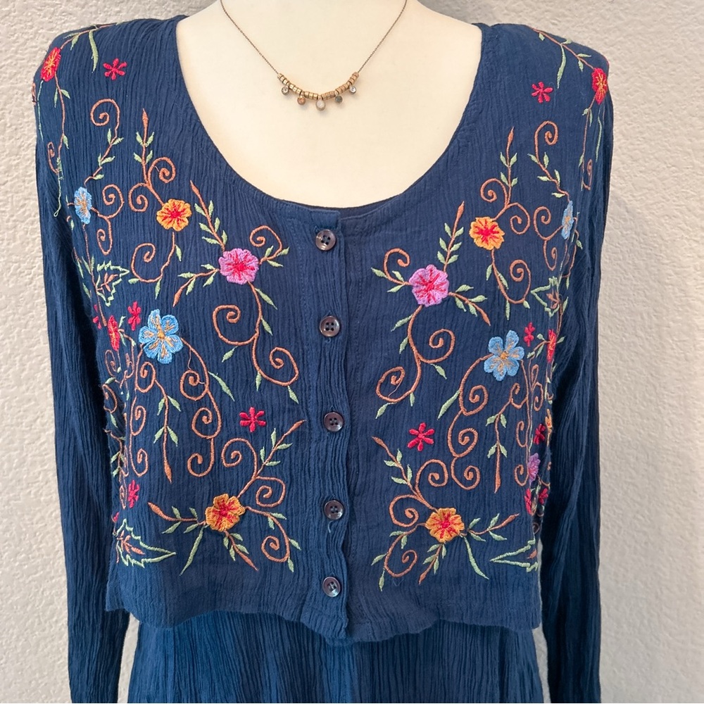 Navy Blue Embroidered Floral Dress Two Piece Long Sleeve M Cottage Boho Navy - Picture 6 of 16